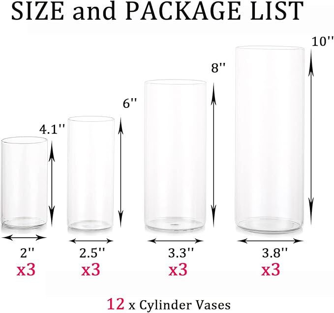 Glass Hurricane Candle Holder Esmiome - Cylinder Vases for Centerpieces 3 Sets (12Pcs) Hurricane Floating Candle Holder, Glass Vases for Flowers, Decorative for Home Wedding, 4''+6''+8'+10''(High)