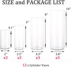 Glass Hurricane Candle Holder Esmiome - Cylinder Vases for Centerpieces 3 Sets (12Pcs) Hurricane Floating Candle Holder, Glass Vases for Flowers, Decorative for Home Wedding, 4''+6''+8'+10''(High)