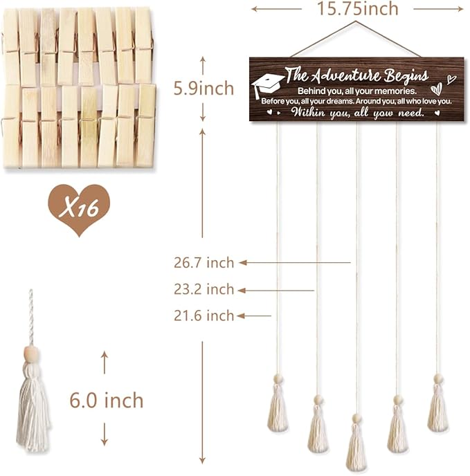 The Adventure Begins Graduation Picture Frame,Graduation Frame with Tassel Holder and 16 Clips,School Photo Framed,Highschool Graduations Gifts for He Her