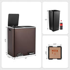 Arlopu 16 GallonStainless Steel Trash Can, 60L Dual Compartment, Metal Kitchen Step Recycle Bin, Metal Double Dustbin, in-Home Garbage Rubbish Can W/Removable Liner Buckets (Brown)