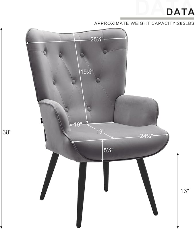 Furnimart Grey Velvet Accent Chair Mid Century Modern Living Room Chairs; Comfy Armchair Leisure Vanity Guest Wingback Chair for Office Study Vanity Bedroom Waiting Room