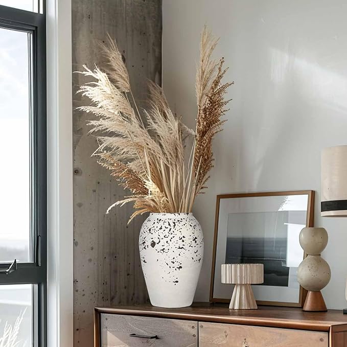 Handcrafted Flower Vase, 9.5" Tall Terracotta Vases, Vintage Rustic Ceramic Vase Décor, Wide Mouth, Matte Finish for Home Office Resto Café Décor