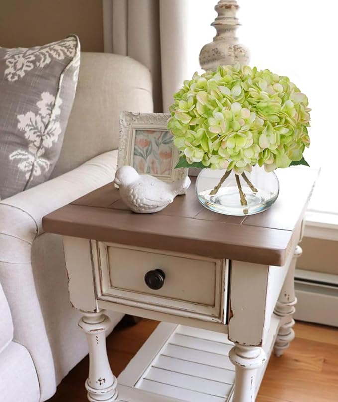 Hollyone Hydrangea Artificial Flowers with Glass Vase Green Silk Faux Flowers Arrangements in Vase with Faux Water Fake Floral Bulk Bouquet for Home Decor Table Centerpiece Decorations