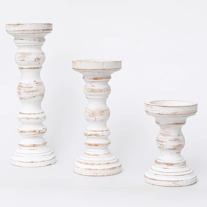 SWALLOWLIVING Rustic Farmhouse Wood Pillar Candle Holder Set of 3 for Candlestick, White