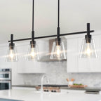 Black Kitchen Island Lighting Linear Chandeliers with Glass Shades Hanging Farmhouse Pendant Light Fixtures for Dining Room, 4 Lights