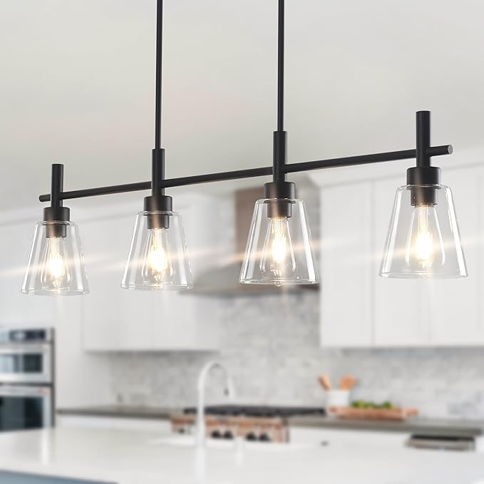 Black Kitchen Island Lighting Linear Chandeliers with Glass Shades Hanging Farmhouse Pendant Light Fixtures for Dining Room, 4 Lights