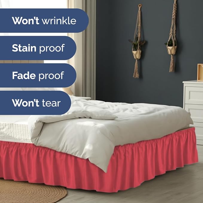 Wrap Around Dust Ruffle Bed Skirt - Red - for Queen Size Beds with 15 Inch Drop - Easy Fit Elastic Strap - Adjustable Pleated Bedskirt w/Brushed Fabric - Wrinkle Free - for Women, Men, Kids & Teens