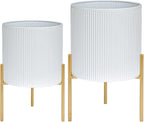 ARNIS Modern Plant Pots, Set of 2 Round Large Planters with Stand, Large Size Metal Pots with Drainage Holes for Living Room, Office, Garden or Balcony, 10.5 &12.25 Inch, White & Gold