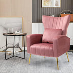 X-VOLSPORT Velvet Accent Chairs Set of 2, Mid Century Modern High Back Living Room Chair with Waist Pillow, Upholstered Arm Chair with Metal Gold Legs for Bedroom, Club, Pink