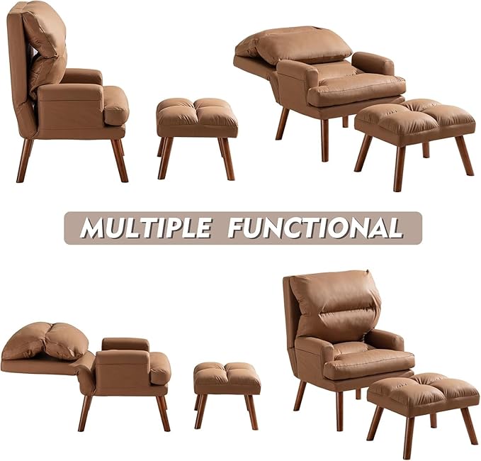 CANMOV Modern Accent Chair with Ottoman Set of 2, Soft Fabric Armchair with Adjustable Backrest and Side Pockets, Comfy Lounge Chair for Living Room, Bedroom, Apartment, Office, Camel