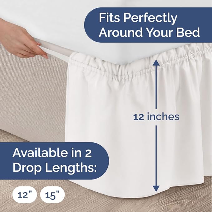 Wrap Around Dust Ruffle Bed Skirt - Antique White - for Full Size Beds w/ 12 Inch Drop - Easy Fit Elastic Strap - Adjustable Pleated Bedskirt w/Brushed Fabric, Wrinkle Free Women, Men, Kids & Teens