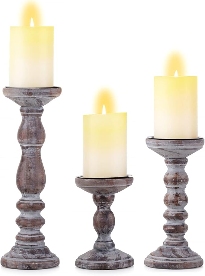 Candle Holder for Pillar Candles: Romadedi Set of 3 Decorative Wood Candlestick Holders, Rustic Wooden Candle Stand for Fireplace Mantle End Table Shelf in Farmhouse Style, Brown 6”, 8.3”, 12”