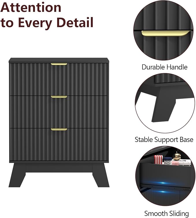 Fluted Dresser for Bedroom,3 Drawer Dresser for Closet,Storage Cabinet and Chest of Drawers with Gold Handle,TV Stand,Storage Organizer for Living Room,Hallway,Entryway,Black