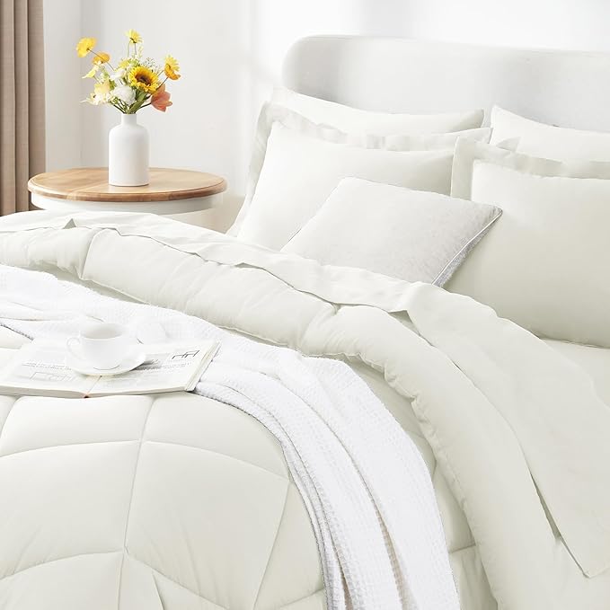 CozyLux King Size Comforter Set Ivory - 7 Pieces Bed in a Bag King, Luxury Soft Bed Set for All Seasons, Bedding Set with Down Alternative Comforter, Sheets, Pillowcases & Shams