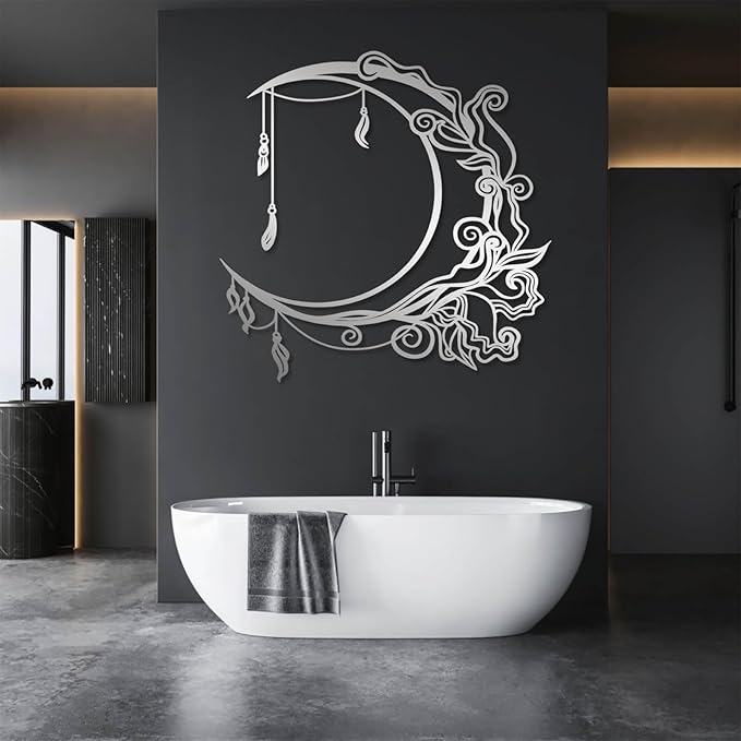 Jogwenu Moon Floral Metal Wall Decor, Moon Metal Wall Decor, Celestial Wall Art, Boho Wall Art, Floral Wall Hanging, Boho Room Decoration, Living Room Bedroom Wall Hanging (Silver, 30"x30"|76x76cm)