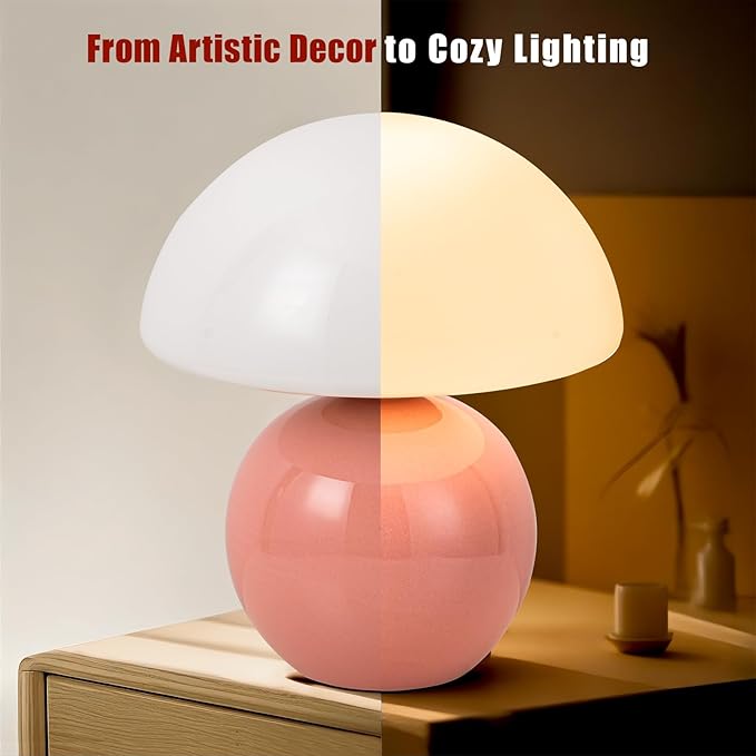 Mushroom Table Lamp, Ceramic Base with Milky White Glass Shade, Vintage Dimmable Bedside Nightstand Lamp for Bedroom, Reading, Home Décor, Gift for Friends Pink