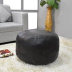 PF12 Goat Leather Handmade Eco-Friendly Black Pouf - Round Shape, 21" x 21" x 12", Plain Solid, Recycled Cotton Filled