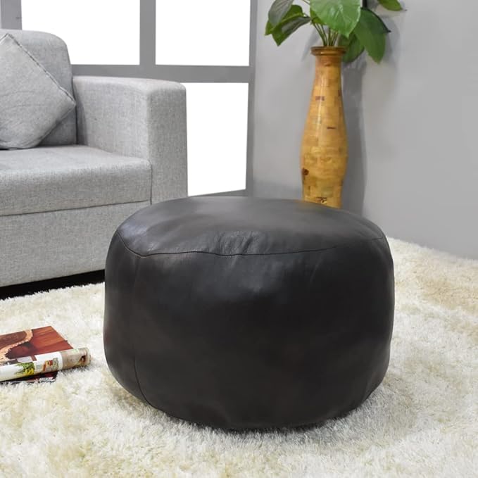 PF12 Goat Leather Handmade Eco-Friendly Black Pouf - Round Shape, 21" x 21" x 12", Plain Solid, Recycled Cotton Filled