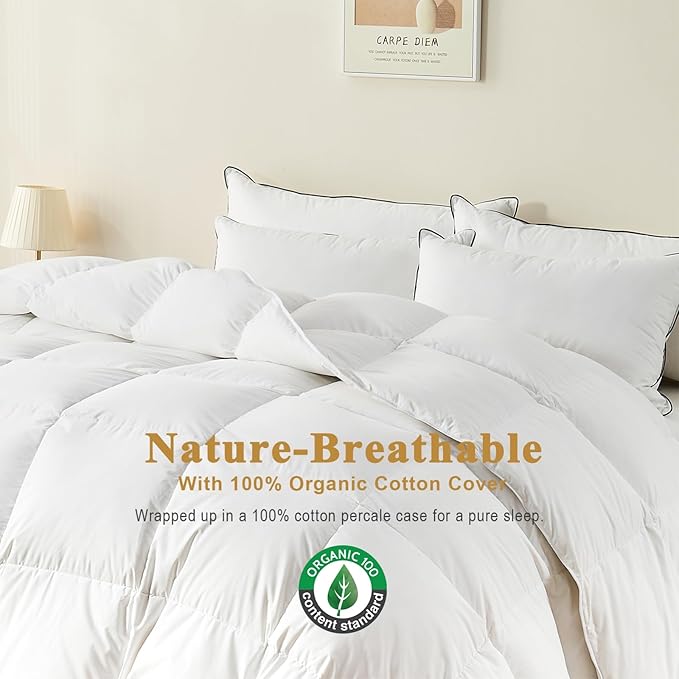 100% Organic Feather Down Comforter Super King, Luxury Extra-Fluffy Duvet Insert, All Season Bed Comforter with Ultra-Soft Organic Cotton Case (120x120 Inch, Ivory White)