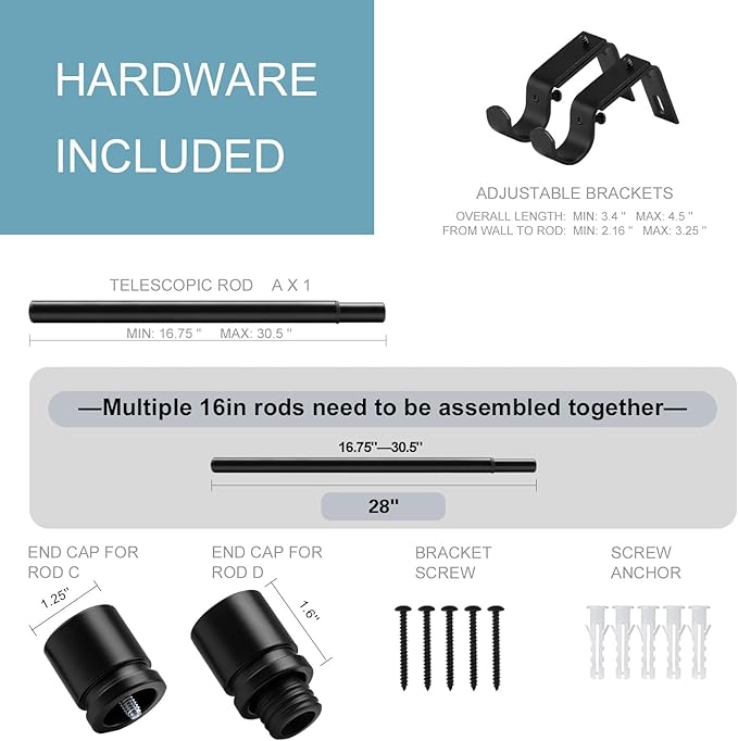 Curtain Rods for Windows 16 to 28 Inches Adjustable Length 1 Inch Diameter Window Curtain Rod with Aluminium Finials, Black