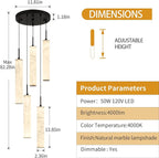LMQNINE Natural Alabaster Pendant Lights for Kitchen Island White Marble Long Tube Chandelier Modern Black Ceiling Light Fixtures for Bedroom Dining Room Table Living Room Hallway(M-5Light)