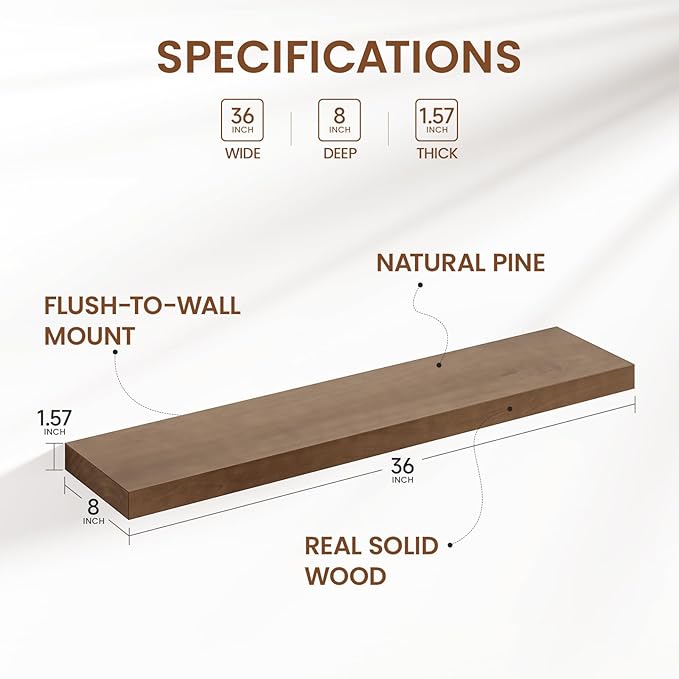Heimlove 36 inch Floating Shelves for Wall,2 Packs Natural Pine Solid Wood Bathroom Shelf Over Toilet Decor and Storage 8 inches Deep for Kitchen Bedroom Office & Living Room Display Wall Decor