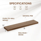 Heimlove 36 inch Floating Shelves for Wall,2 Packs Natural Pine Solid Wood Bathroom Shelf Over Toilet Decor and Storage 8 inches Deep for Kitchen Bedroom Office & Living Room Display Wall Decor