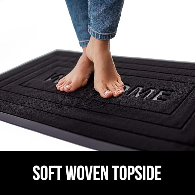 GORILLA GRIP 100% Waterproof All-Season WeatherMax Doormat, US Designed Natural Rubber, Stain and Fade Resistant, Low Profile Indoor Outdoor Door Mats, Easy Clean Patio Mat, 17x29, Black Welcome