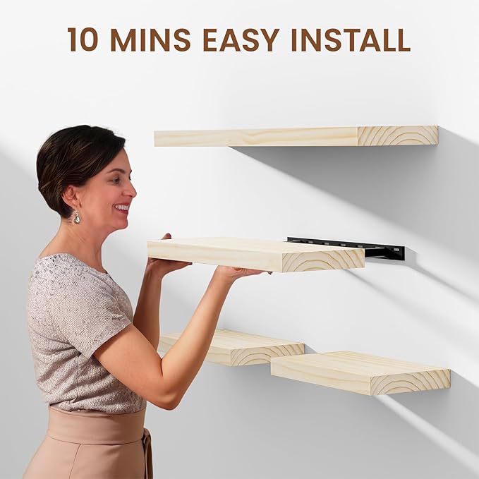 Heimlove Wood Floating Shelves for Wall,2 Packs 16 inches Natural Pine Solid Wood Bathroom Shelf Over Toilet Decor and Storage 8 inches Deep for Kitchen Bedroom Office & Living Room Wall Decor