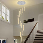 Long Spiral Crystal Chandelier Lighting for Foyer Silver 12-Light Staircase Chandelier High Ceiling Slopped LED Dimmable 2700K-6000K