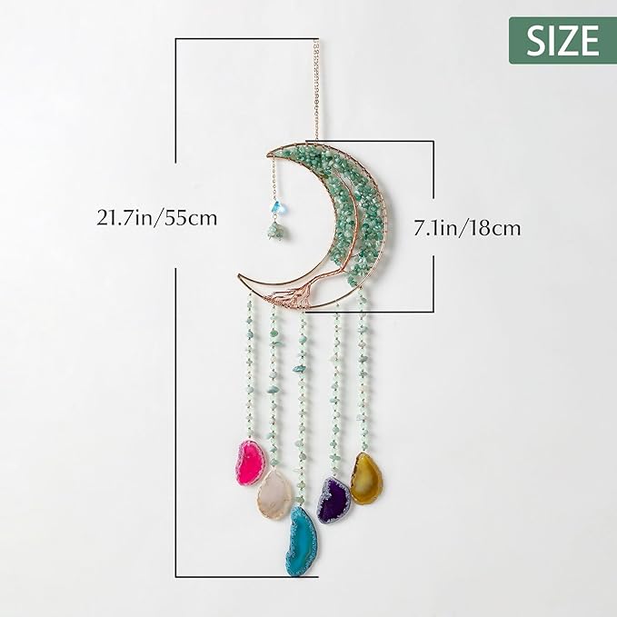 Agate Gemstone Dream Catcher 7 Chakra Tree of Life Dream Catcher with Rainbow Crystal Stones Handmade Dreamcatcher Wall Decor for Adults Boys Girls,Bedroom,Wedding,Garden,Bless Gift(Green Moon)