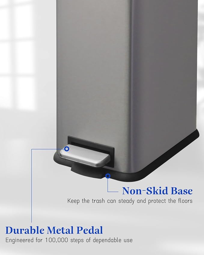 8 Gallon Slim Trash Can with Soft Close Lid, Stainless Steel Trash Can with Removal Inner Bucket, Hand -Free Trash Bin for Kitchen, Office, Laundry, Bathroom, 30 Liter Capacity, Grey