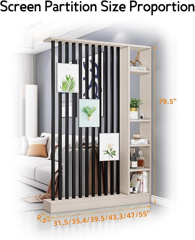 Wall Room Divider, Storage Cabinet Storage Display with Shelves, Modern Freestanding Wood Room Divider Screen, Wall Privacy Screens for Home Decorative (Beige+Black,35.4" L x 9.5" W x 79.5" H)