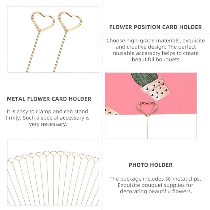 Tinsow 30 Pcs Metal Floral Place Card Holder, 13.4 Inch Heart Shape Flower Picks Clip for Floral Arrangement, Golden Gift Card Holder for Wedding and Party (Hearts)