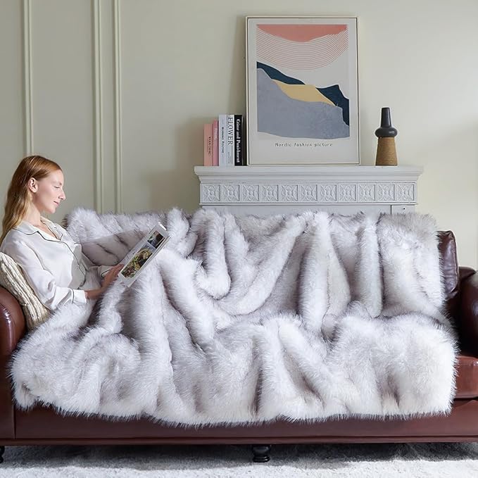 Fluffy Faux Fur Throw Blanket – Super Soft Warm Thick Plush Blanket for Bed, Couch & Office, Cozy Fuzzy Throw with Flannel Backing,108"x90", White
