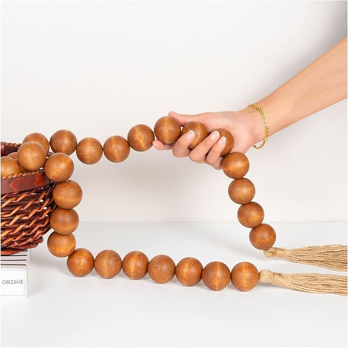OMISHE 76" Long Extra Large Wood Bead Garland with 1.6" Diameter Wooden Beads and Tassels, Rustic Farmhouse Country Decorative Beads for Home Tiered Tray Decor, Brown