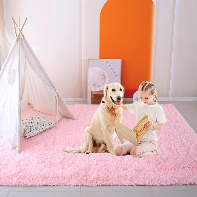 Soft Pink Rug for Girls Bedroom - 3x5 Feet Fuzzy Shag Area Rugs for Living Room,Large Comfy Non Slip Furry Plush Bedside Floor Carpet for Kids Baby Dorm Room