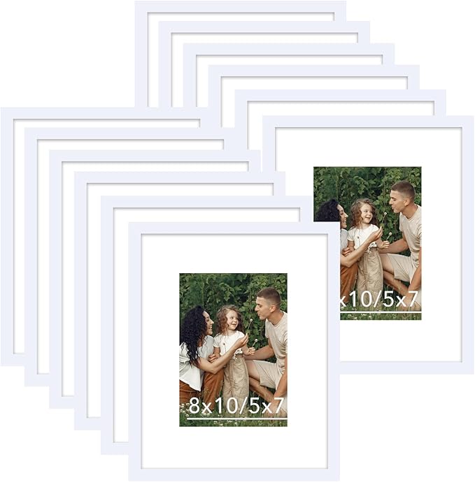 12 Packs 8x10 Picture Frames, Display 5x7 with Mat or 8x10 Without Mat, Gallery Wall Frame Set, 8 by 10 Frames Bulk Set of 12 Collage Wall Decor Photo Frames Set for Wall and Tabletop, White
