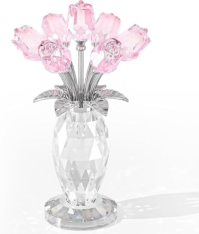 Glass Rose Flowers, Crystal Glass Figurines Rose Decorations for Home Gifts for Mom Wife Grandma, Crystal Flowers Collectible Ornament Mother's Day Thanksgiving Anniversary Birthday Gifts (Pink Rose)