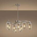 9-Light Brushed Nickel Glass Chandelier, Adjustable Height Hanging Industrial Dining Room Chandelier Over Table, Modern Farmhouse Chandelier for Kitchen Island Living Room Entryway Bedroom