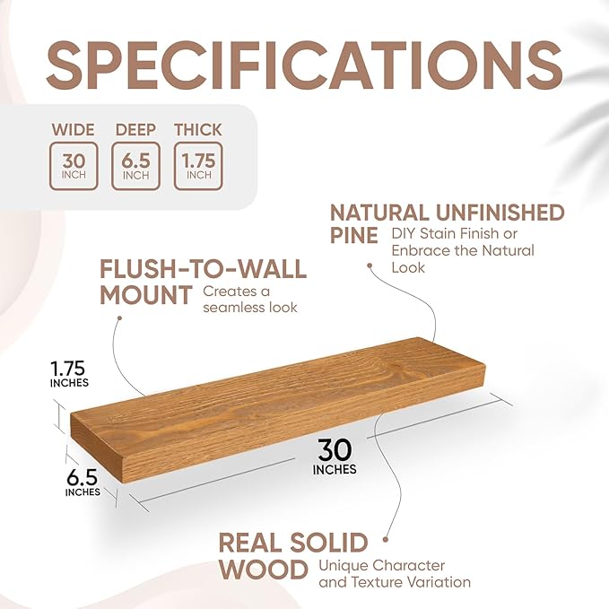 Homeforia 30 inch Golden Oak Floating Shelf, High End Solid Real Wood 30inch Small Floating Shelves for Wall Mounted, Oak Wooden 30in Floating Shelves, Heavy Duty Bracket, 30 X 6.5 X 1.75 in, Set of 2