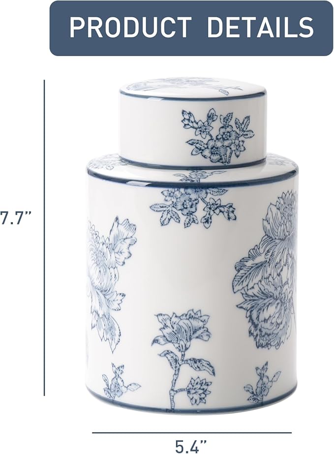 Ceramic Decorative Jars with Lid, Blue and White Ginger Jar for Home Decor, Cylindrical Vase Decor, 7.7x5.4 Inch, Flowers and Branches