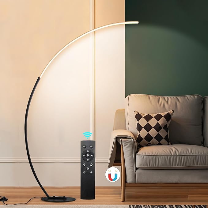 Modern LED Arc Floor Lamp Dimmable,Black Gold Arched Floor Lamp Standing Lamp with Remote for Living Room Bedroom Office Corner
