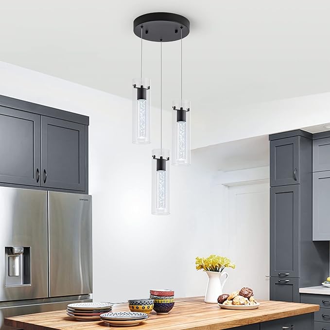 Kitchen Lighting Pendant, Modern Pendant Light with Black Finish, Pendant Lights for Kitchen Island Restaurant, Dining Room(3 Light)
