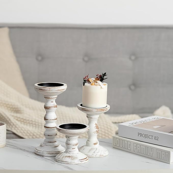 Romadedi Wood Candle Holders for Pillar Candles - Set of 3 Tall Farmhouse Wooden Candlestick Holder, Rustic Candle Stand for Fireplace Mantle Shelf Table Home Decor, Brown Whitewashed 3.9"/6"/ 8.3"