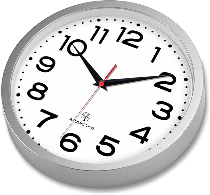 Atomic Wall Clock 12 Inch, Modern Clock Battery Operated Classic Analog Decorative for Kitchen, Living Room, Office, Bedroom, Bathroom (Silver)