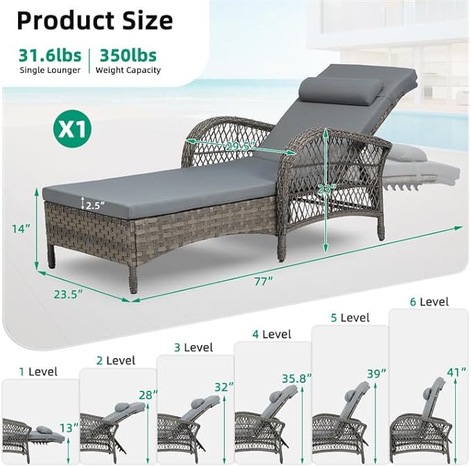 VIVIJASON Outdoor Wicker Chaise Lounge Chair, All-Weather PE Rattan Cushioned Patio Lounger Chair, 6-Position Adjustable Pool Sunbathing Recliner with Armrest & Pillow for Poolside Deck Yard, Gray