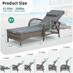 VIVIJASON Outdoor Wicker Chaise Lounge Chair, All-Weather PE Rattan Cushioned Patio Lounger Chair, 6-Position Adjustable Pool Sunbathing Recliner with Armrest & Pillow for Poolside Deck Yard, Gray