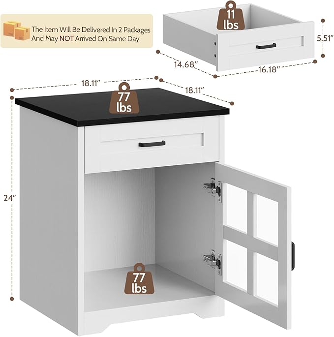 Farmhouse End Table Set of 2 with Drawer, 18" Large Side Table with Storage Cabinet and Acrylic Door, Wood Nightstand Bedside Table for Living Room, Bedroom, White