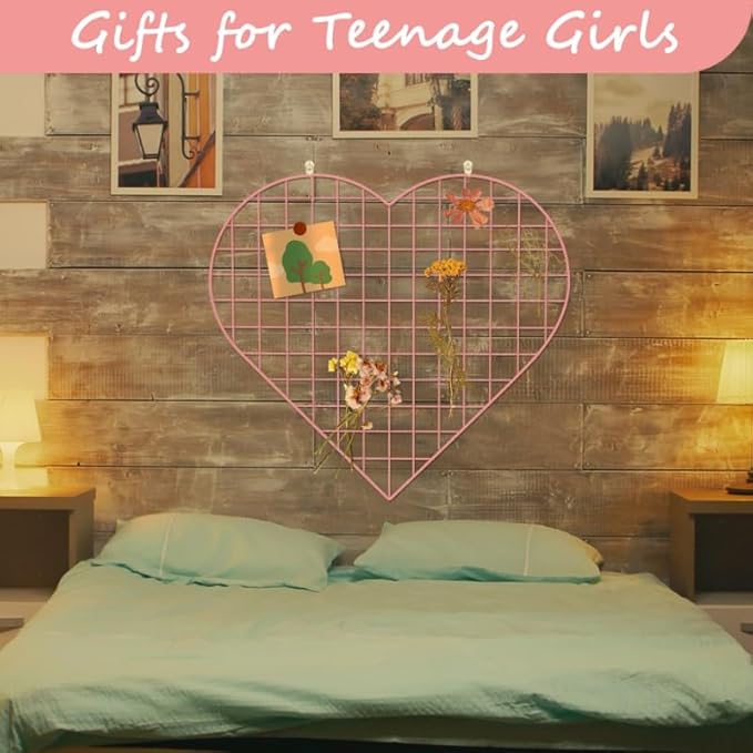 Grid Photo Wall Panels - 22.4"x20.4" Heart Shape Iron Rack Art Wire Board, Wall Grid Organizer, DIY Photo Frame for Home, Office, Kitchen, Bedroom, Christmas Gifts - Pink